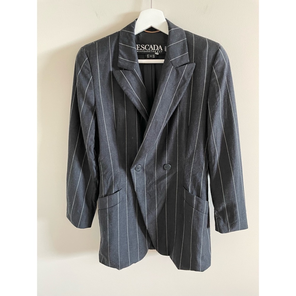 Vintage Escada Wool Dark Grey & White Pin Stripe Double Breasted Blazer Size 36